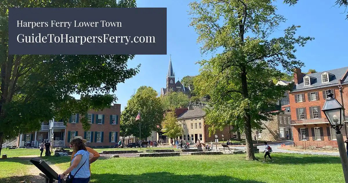 The view of Harpers Ferry Lower Town and its historical buildings and exhibits, and walking trails near the Virginius Island trails.