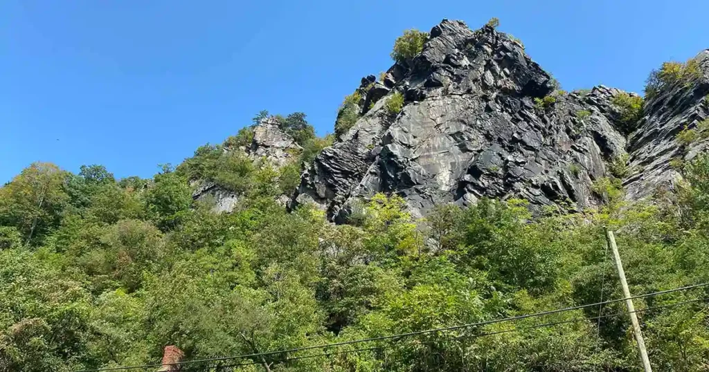 View from below of Maryland Heights in Harpers Ferry, a challenging hike.