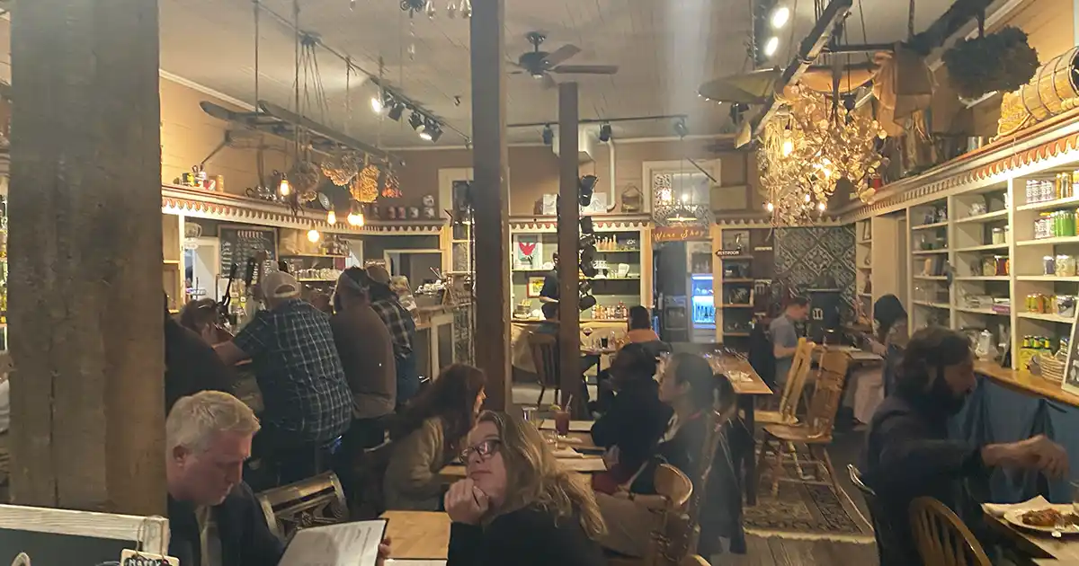 Interior seating at the cafe and wine bar in Harpers Ferry, Snallygaster’s