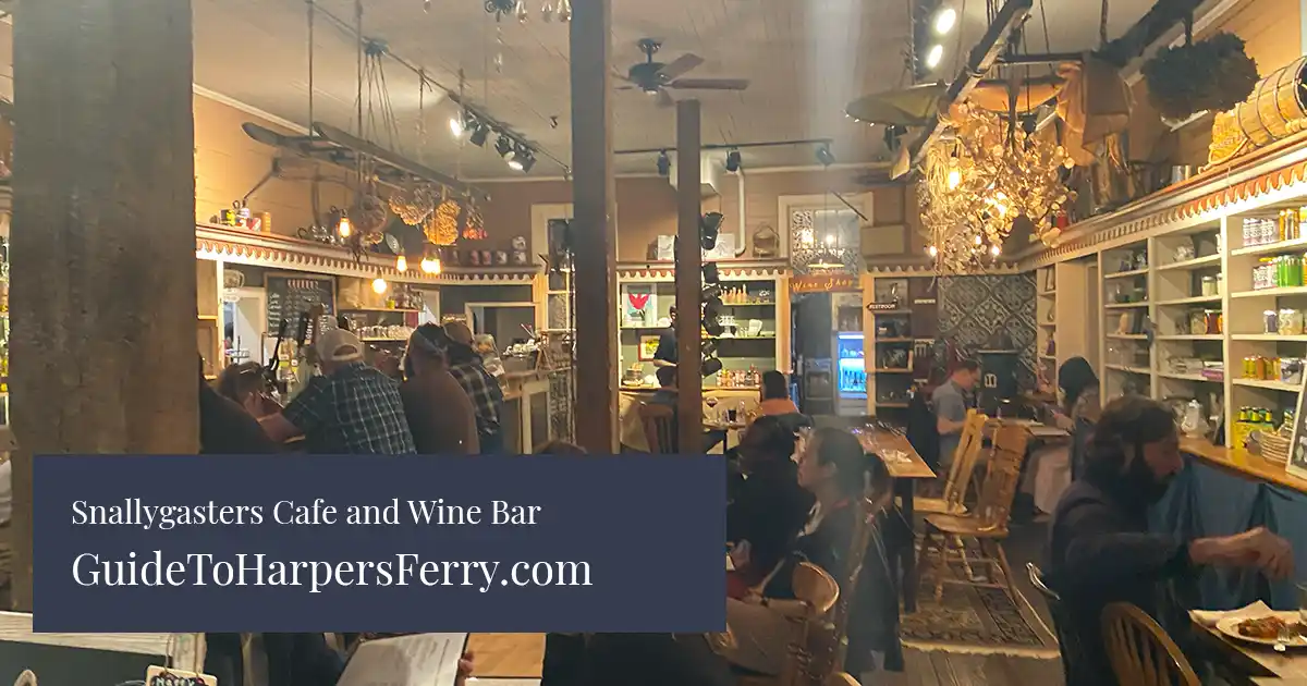 Interior seating at the cafe and wine bar in Harpers Ferry, Snallygaster’s