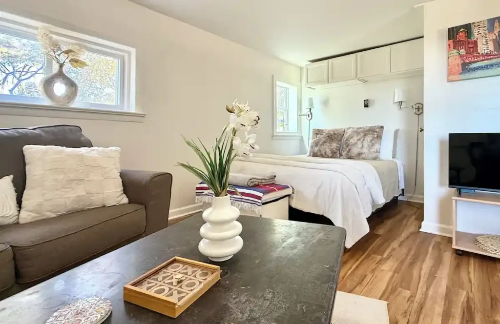 Bedroom in the McDowell Carriage House studio rental in Harpers Ferry