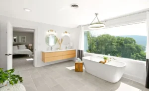 Master bath with a view at the Blarney, a rental for large groups in Harpers Ferry.