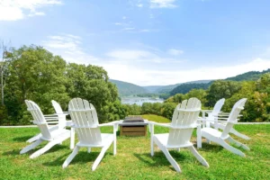Conversation and fire pit with a view at the Blarney, a rental home for large groups in Harpers Ferry.