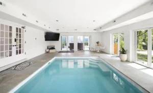 Indoor pool with a view at the Blarney, a rental home for large groups in Harpers Ferry.