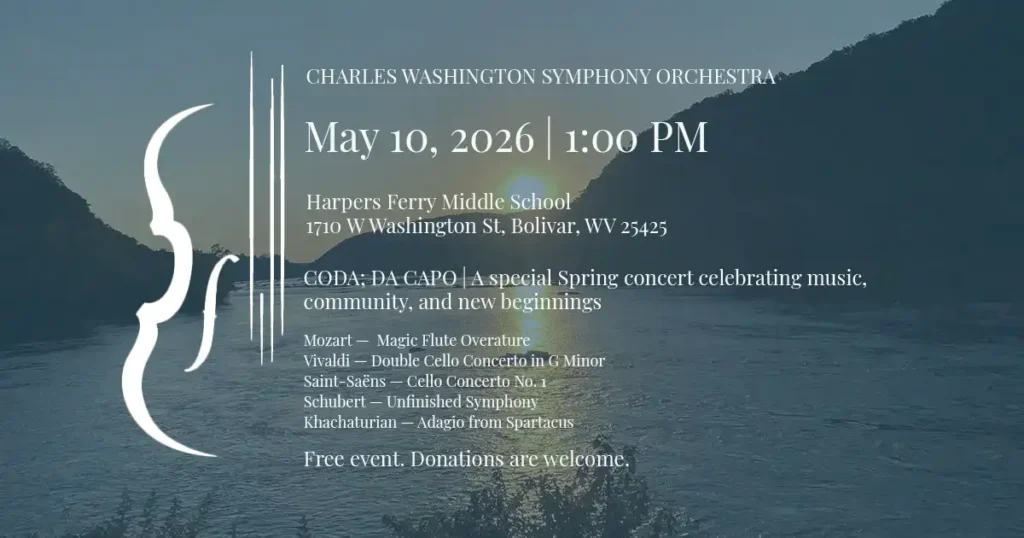 Live music performance in Harpers Ferry. Symphony Orchestra performance on May 10, 2026 at 1:00 pm.